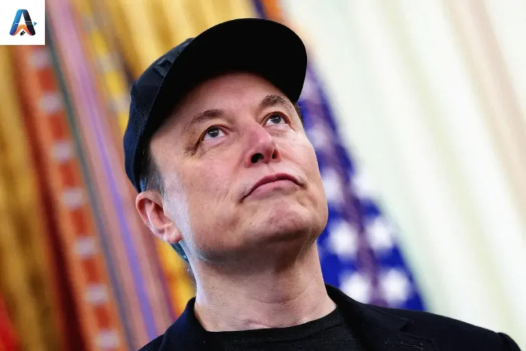 Elon Musk at Tesla shareholder meeting with Tesla vehicles and robot prototype in background.