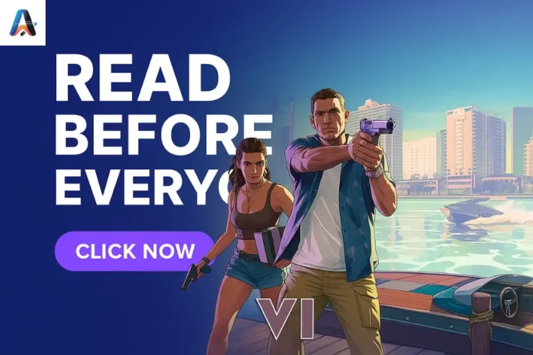 GTA VI cover art concept with neon-soaked Vice City skyline and dual protagonists Jason & Lucia