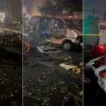 Aftermath of the Delhi Red Fort Explosion showing rescue teams, damaged vehicles, and smoke near Red Fort Metro Station.
