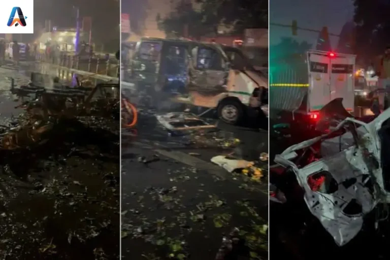 Aftermath of the Delhi Red Fort Explosion showing rescue teams, damaged vehicles, and smoke near Red Fort Metro Station.
