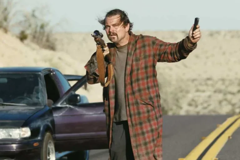 Scene from One Battle After Another showing intense political drama and cinematic visuals.