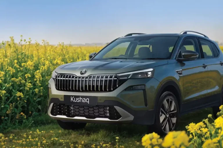 Skoda Kushaq Facelift 2026 SUV with new LED grille and panoramic sunroof design in India.