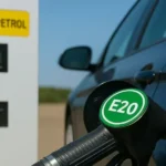 E20 Petrol Latest News – fuel pump with ethanol blend label, symbolizing mileage and safety debate in India.