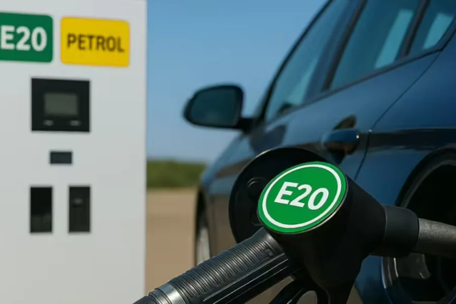 E20 Petrol Latest News – fuel pump with ethanol blend label, symbolizing mileage and safety debate in India.